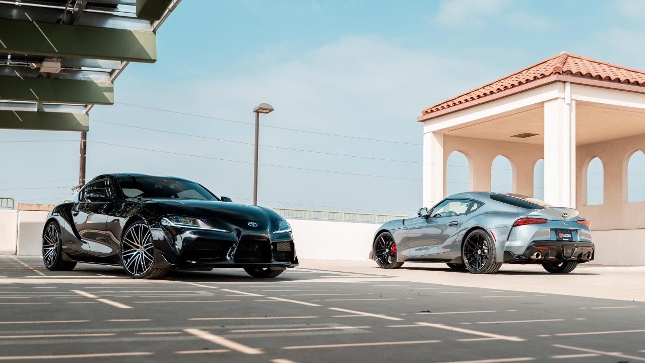 Two Toyota Supra's on Curva Concepts Flow Forged Line of Wheels. The black Supra is sporting 20" Staggered Curva Concepts CFF50 and the silver Supra is on 20" Staggered CFF25