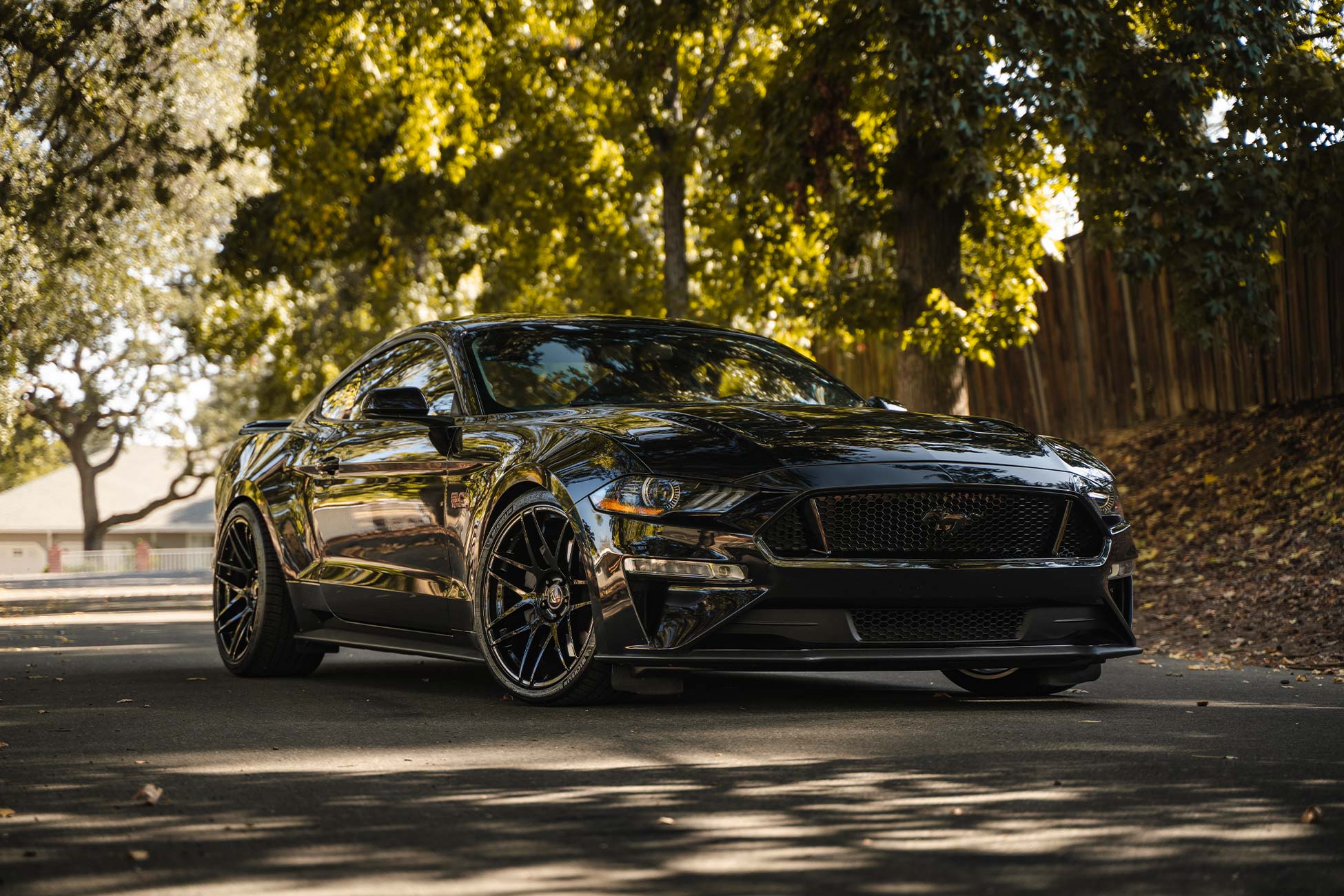 An image of a black Ford Mustang 5.0 with staggered 20 inch Curva Concepts wheels