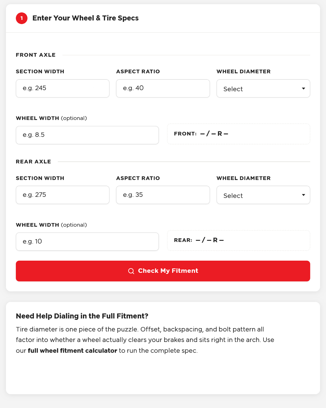 awd staggered fitment calculator screenshot