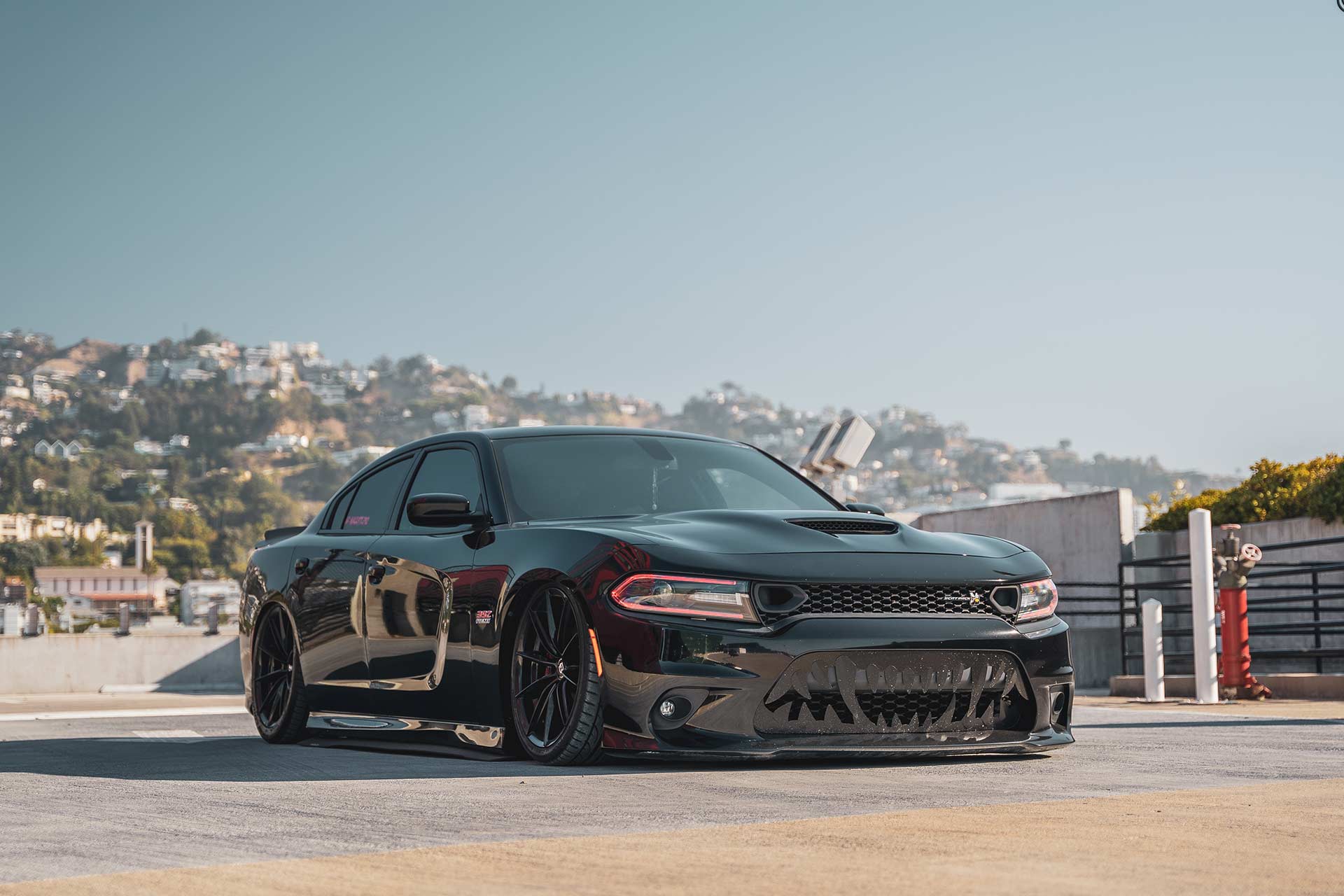 black bagged dodge charger with gloss black cff46 flow forged wheels