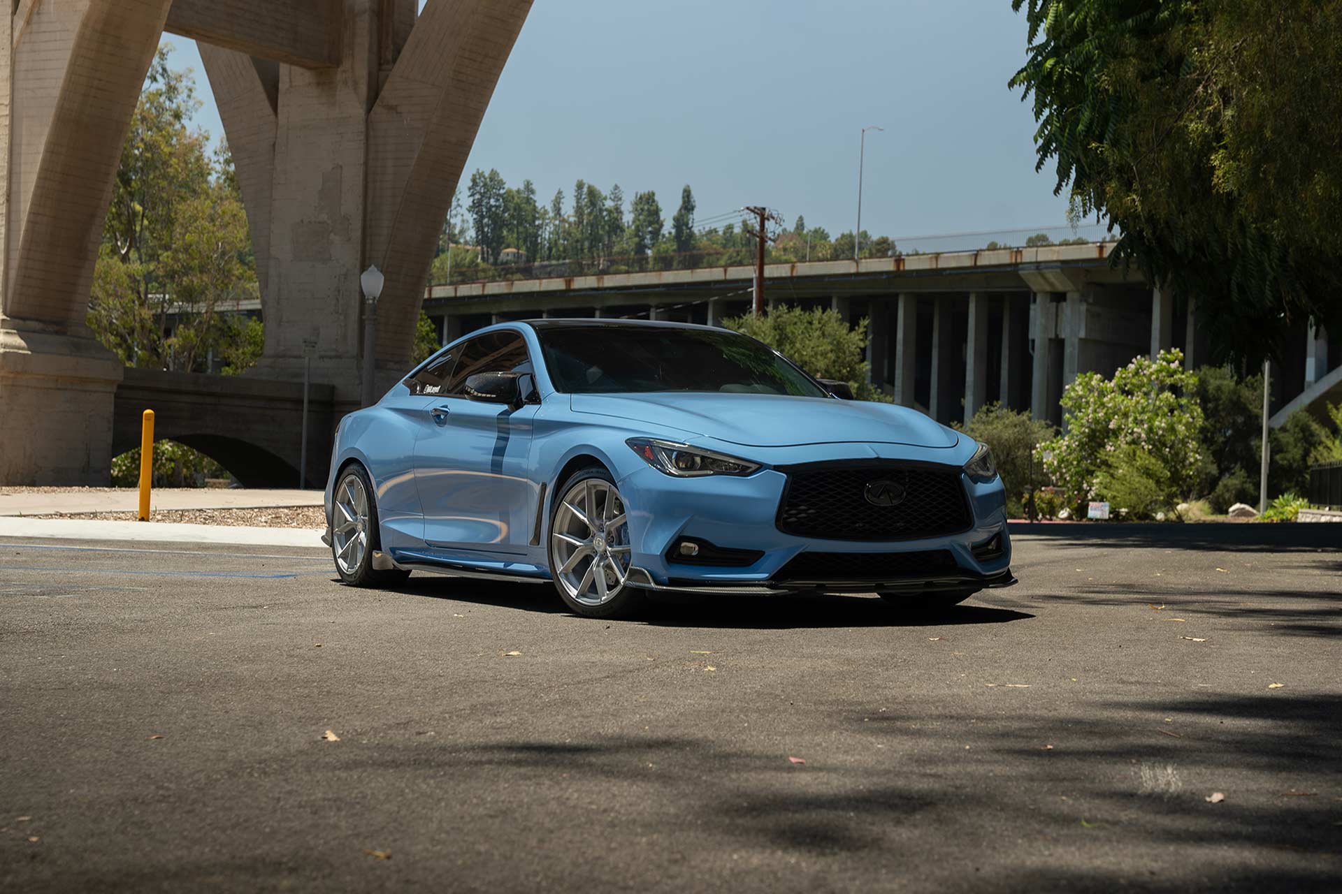 blue wrapped infiniti q60 with brushed clear coat cff70 flow forged wheels