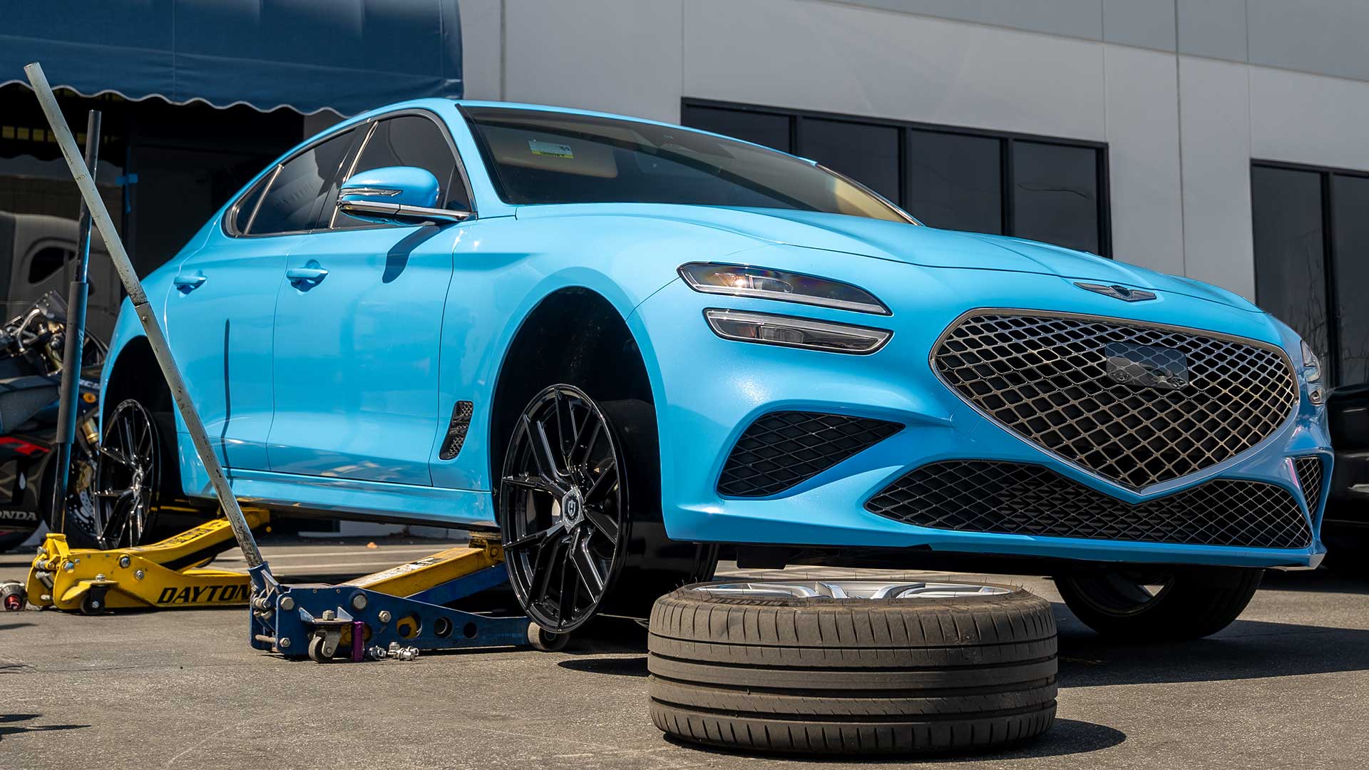 wheel test fitting gloss black curva concepts cff70 on baby blue genesis g70