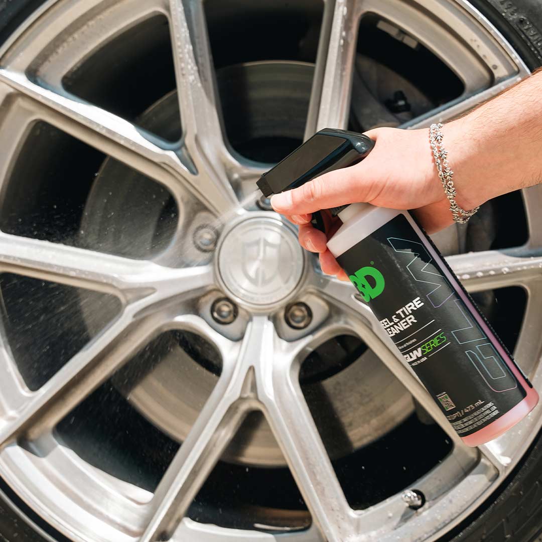 brushed clear coat curva concepts cff70 wheel being sprayed with 3d car care wheel cleaner