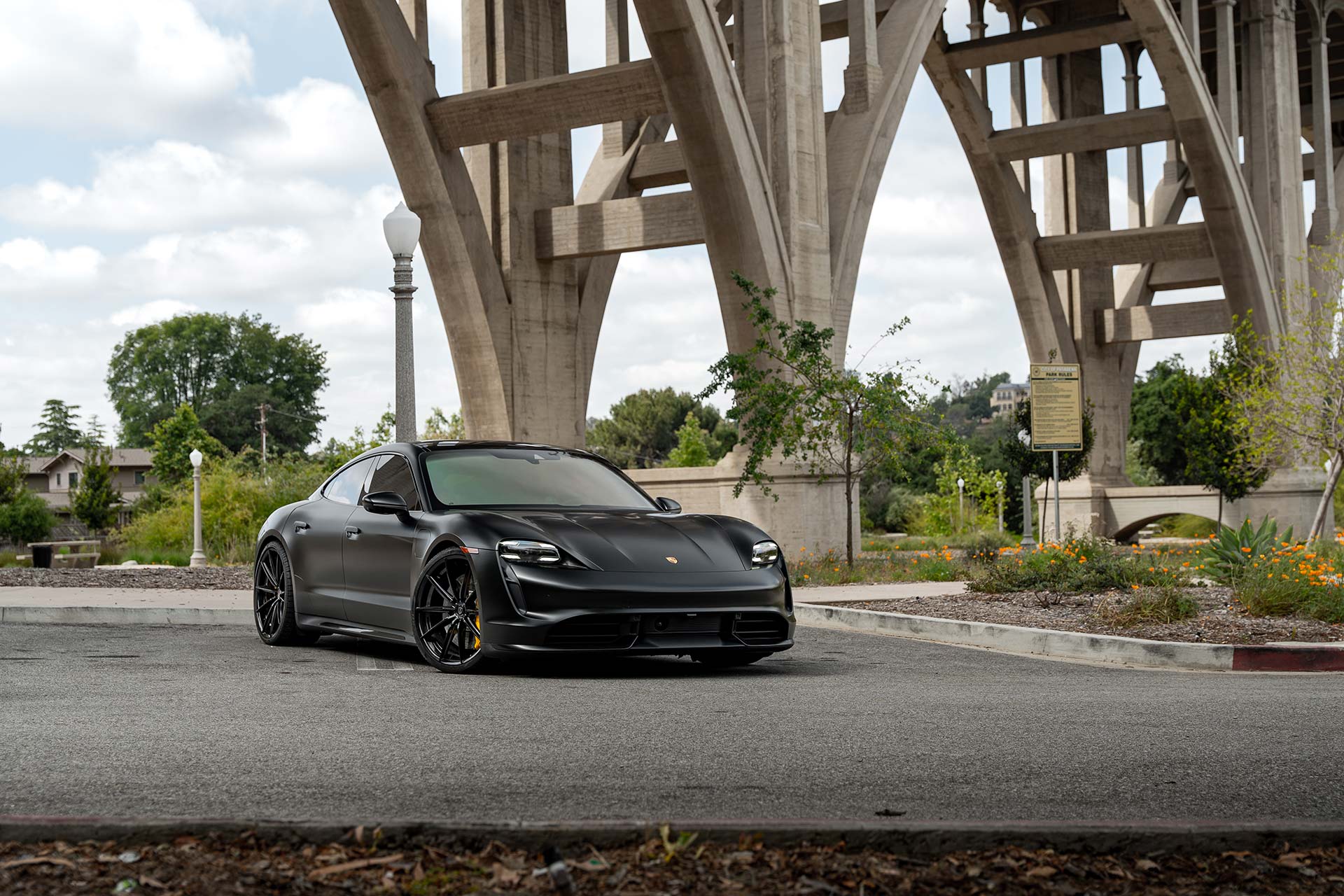matte black porsche taycan turbo with gloss black cff46 flow forged wheels
