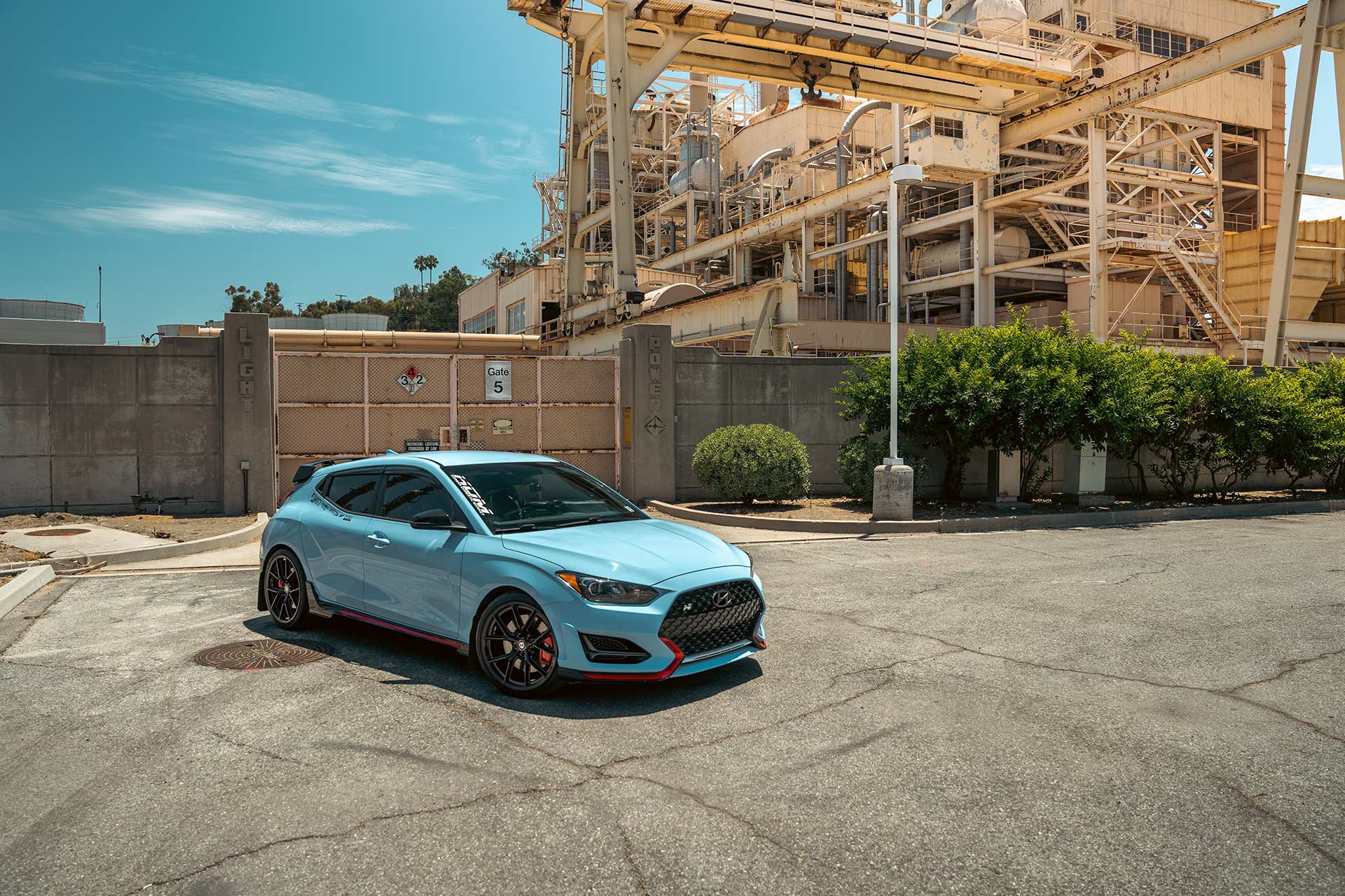 performance blue hyundai veloster n with gloss black cff70 flow forged wheels