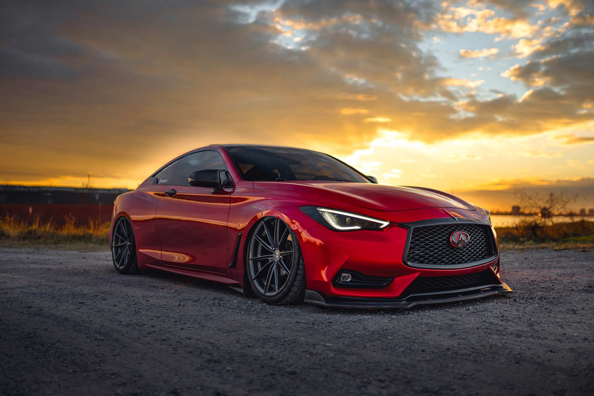 red infiniti q60 with gunmetal cff46 flow forged wheels