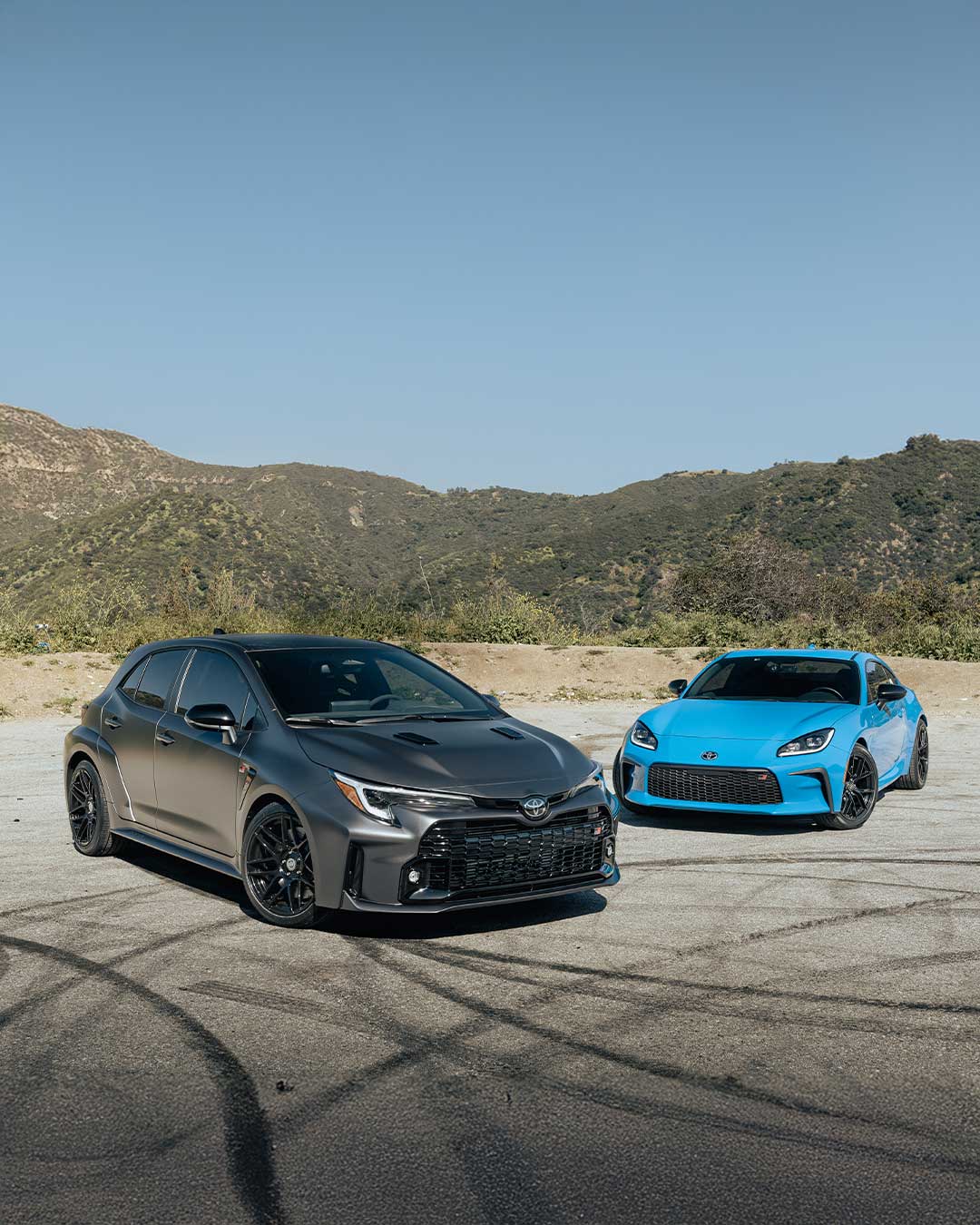 a gr corolla morizo edition and blue gr86 on angeles crest highway