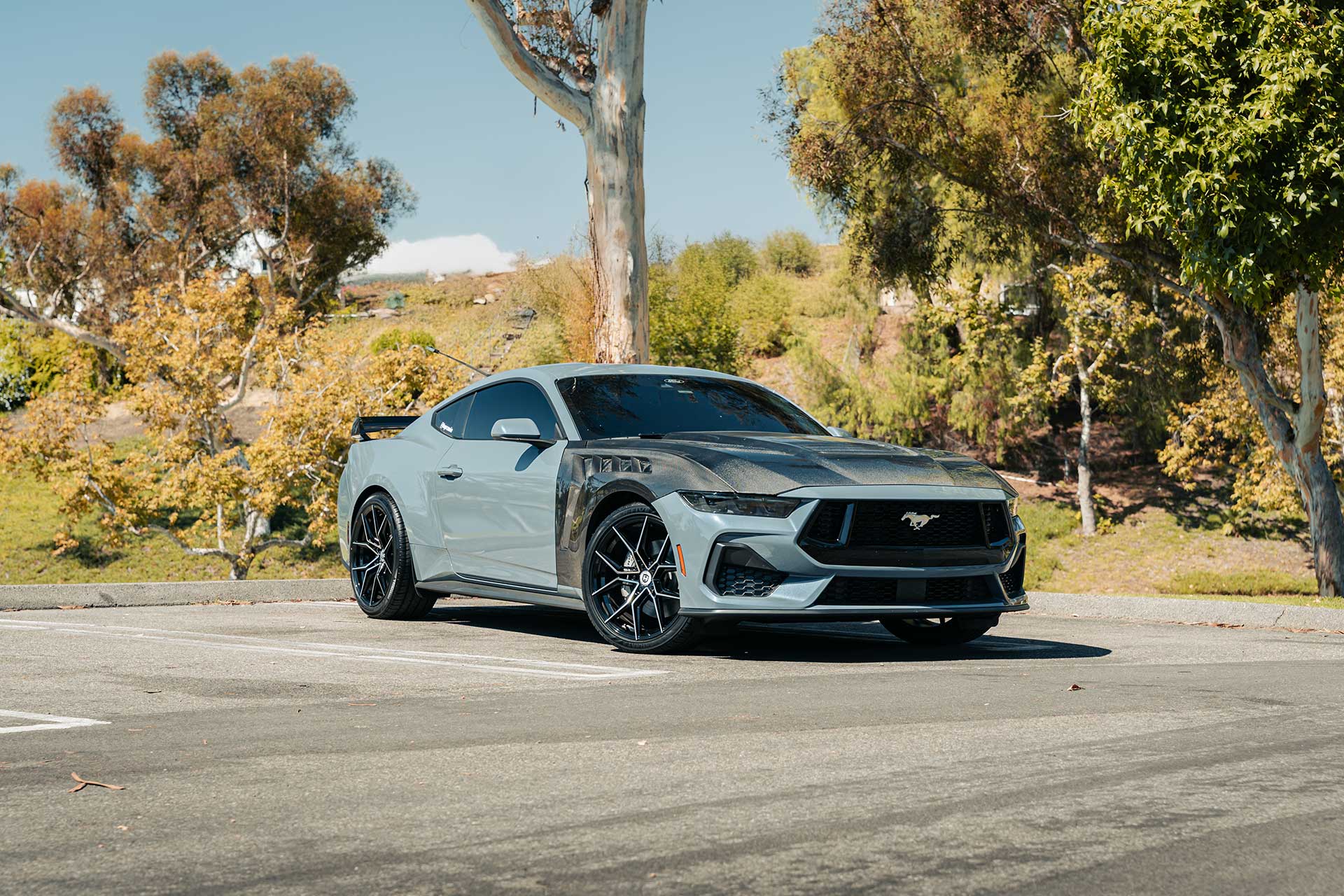 vapor blue metallic ford mustang gt with gloss black machined cff43 flow forged wheels in lush green park