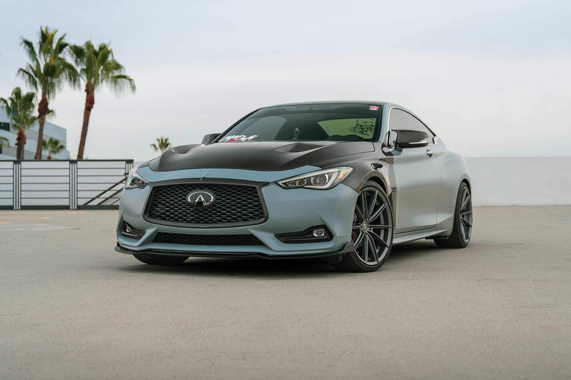 wrapped gray infiniti q60 with gunmetal cff46 flow forged wheels